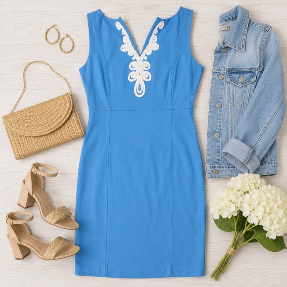 Lilly Pulitzer Dresses & Skirts - Lilly Pulitzer Blue Soutache Trim Shift Dress Sleeveless Split Neck‎ Size 0